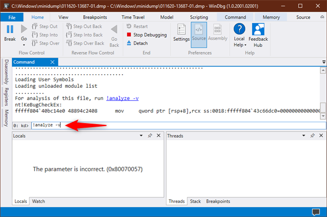 Esecuzione del comando !analyze -v in WinDbg Preview per interpretare il file di dump