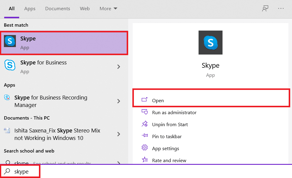 Abra el menú Inicio y escriba Skype, haga clic en Abrir en el panel derecho |  Cómo arreglar Skype Stereo Mix no funciona en Windows 10