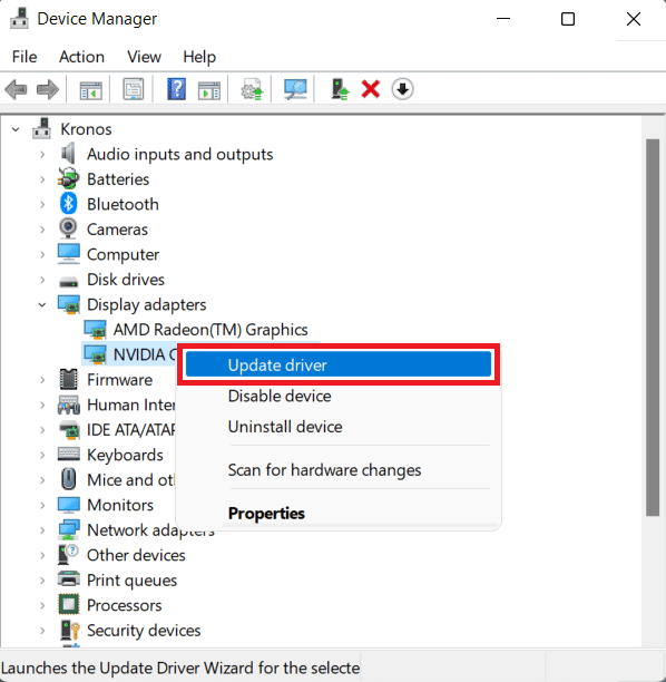 Stuurprogramma-optie bijwerken in het contextmenu.  Hoe ongeldige toegang tot geheugenlocatiefout in Valorant op te lossen?