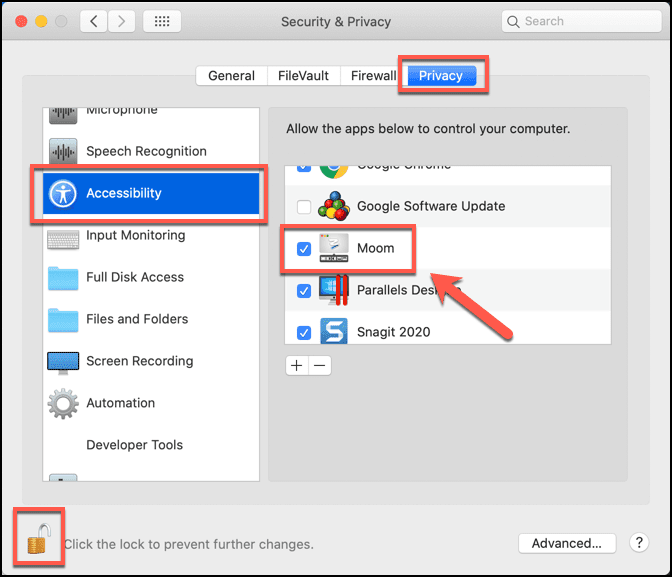 Tabblad Privacy in Toegankelijkheidsopties