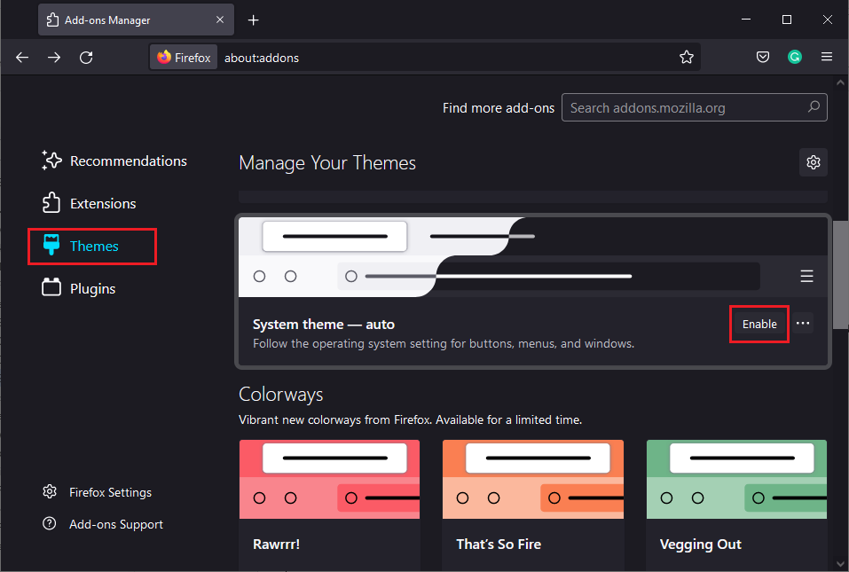 Selecteer vervolgens de optie Thema's in het linkerdeelvenster en klik op de knop Inschakelen naast Automatisch thema van systeemthema.  Fix Firefox reageert niet