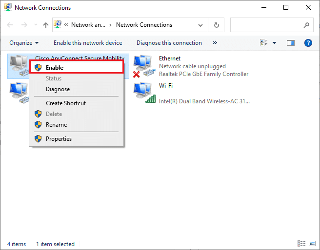 Cliquez sur Activer si le statut est désactivé.  Correction de l'option WiFi ne s'affichant pas dans Windows 10