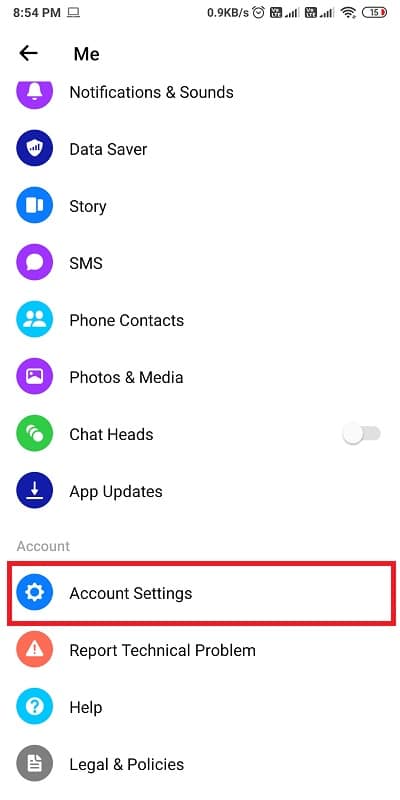 Scorri verso il basso e vai su Impostazioni account.  |  Come eliminare Thug Life Game da Facebook Messenger
