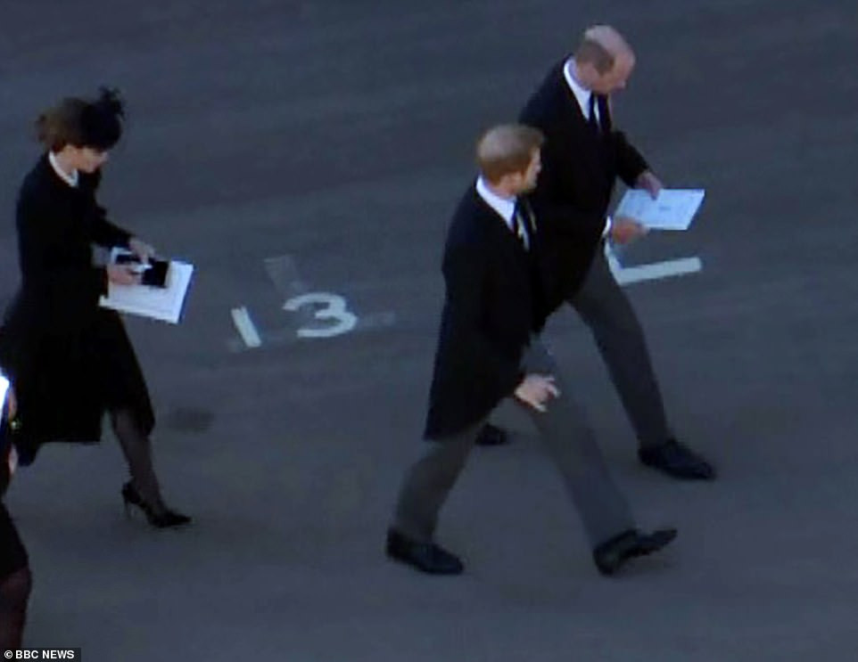 Prince William is pictured speaking to his estranged brother Harry in sign of reconciliation after their grandfather's funeral (Photos)