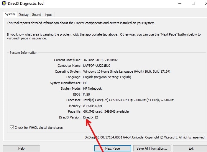 La version de DirectX à côté de l'en-tête de version de DirectX au bas de la liste apparaît