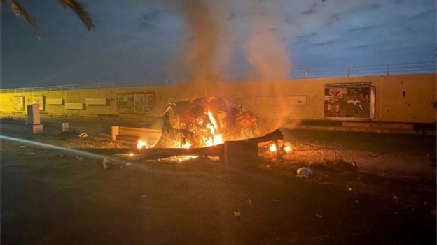 The burning wreckage of Soleimani's convoy outside Baghdad International Airport