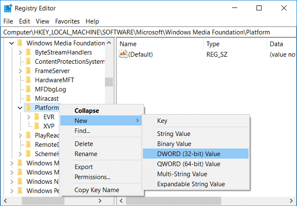 คลิกขวาที่ Platform จากนั้นเลือก New จากนั้นเลือก DWORD (32-bit) value