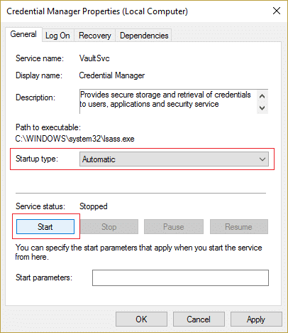 Assicurati che il tipo di avvio del servizio Credential Manager sia impostato su Automatico e fai clic su Avvia