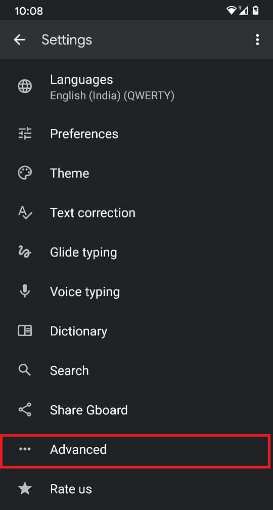 En el menú de configuración de Google Board, toque 'Avanzado'.  |  Cómo eliminar palabras aprendidas de su teclado en Android