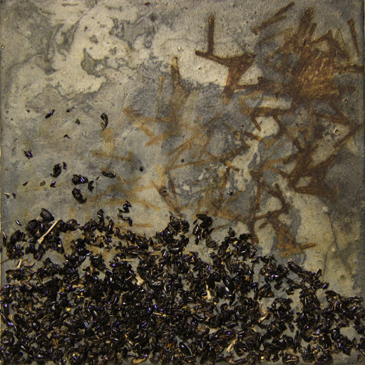 Urban Fox, Rural Fox 2012 genuine indigo, rust, fox shit and concrete on canvas. Artist Fiona Long