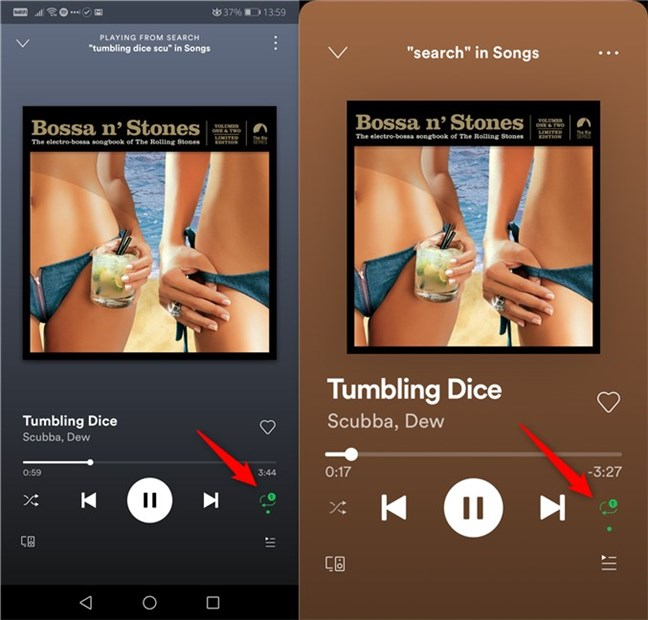 Spotify para teléfonos móviles está configurado para repetir la canción actual