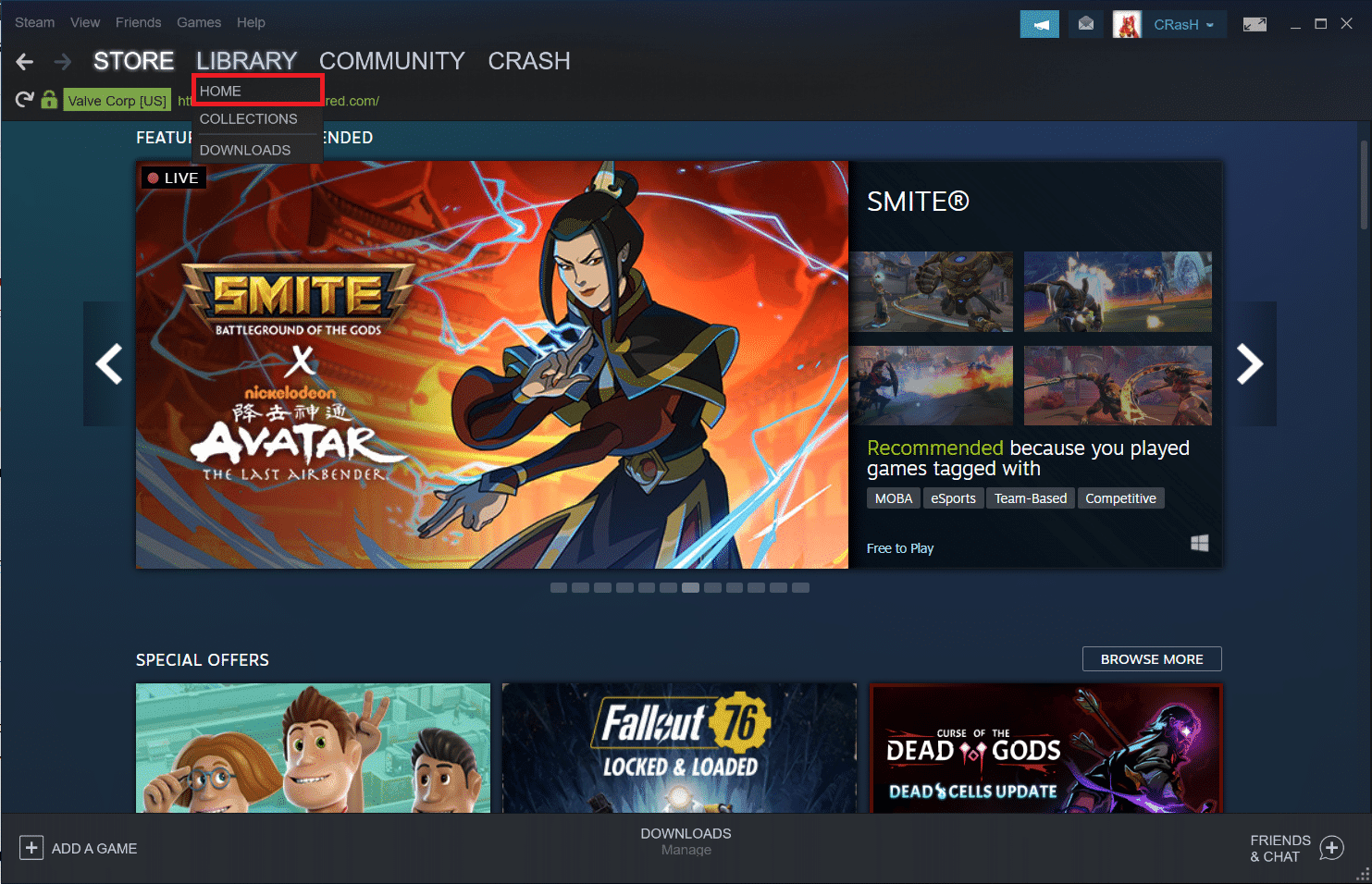 V aplikaci Steam umístěte kurzor myši na štítek karty Knihovna a ze seznamu, který se otevře, klikněte na Domů.