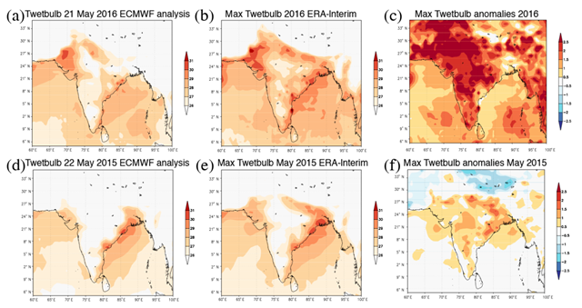 (a) ERA-Interim wet bulb temperature (T) on 21 May 2016. (b) Monthly maximum of the wet bulb temperature in May 2016 (?C). (c) Anomalies of the maximum wet bulb temperature in May 2016 (K), see text for details on the very high wet bulb temperatures in May 2016. (d–f) Same as (a–c) but for 22 May 2015. Graphic: Oldenborgh, et al., 2018 / Natural Hazards and Earth System Sciences