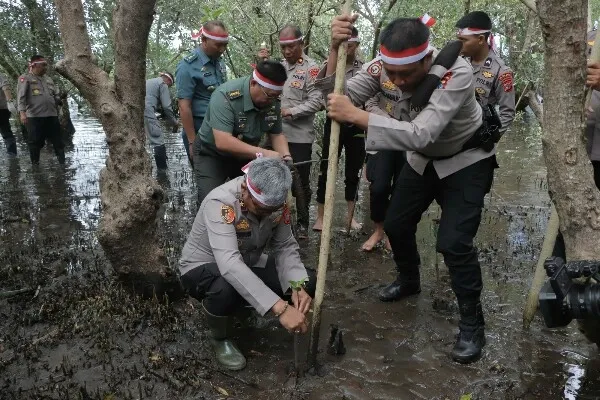 Kapolda Sulut Irjen Pol Setyo Budiyanto yang memimpin langsung penanaman pohon mangrove di pesisir Pantai Molas Kecamatan Bunaken, Kota Manado. (Foto istimewa)