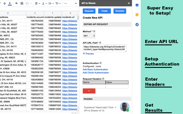 Screenshot of API to Sheets