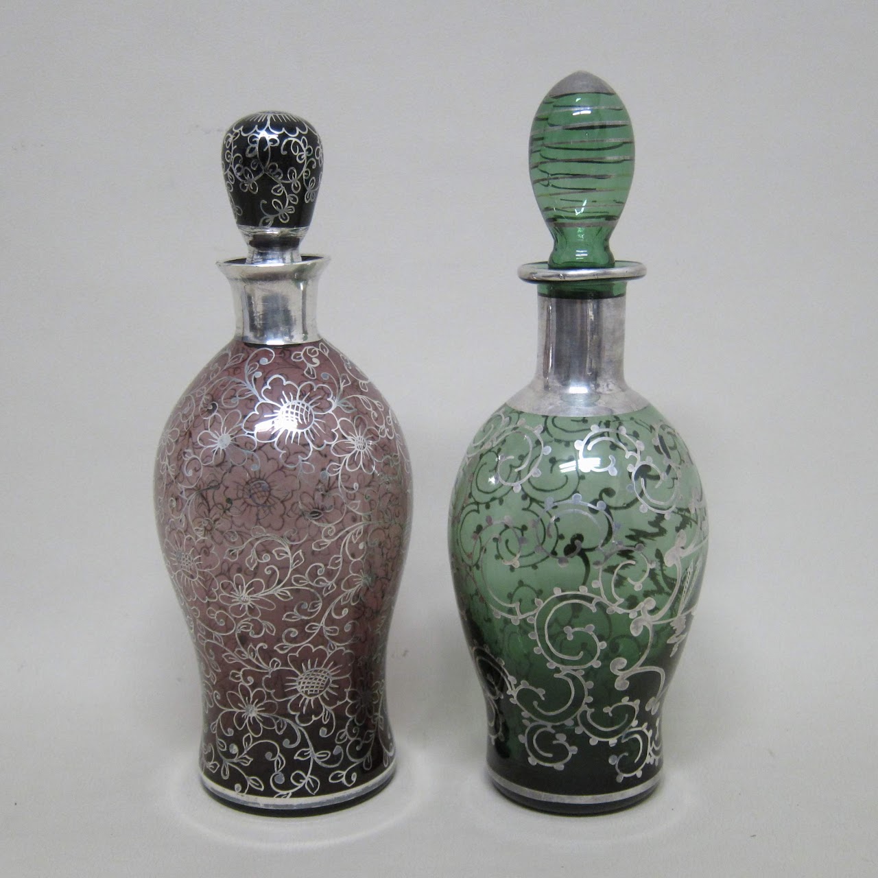 Sterling Silver Painted Glass Bottle Pair