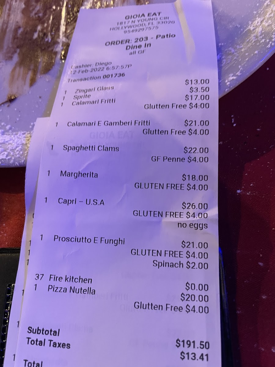 Gioia Eat gluten-free menu