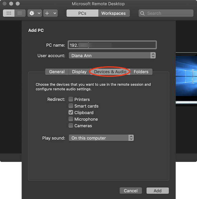 Los dispositivos &  Pestaña Audio en el panel Agregar PC de Microsoft Remote Desktop