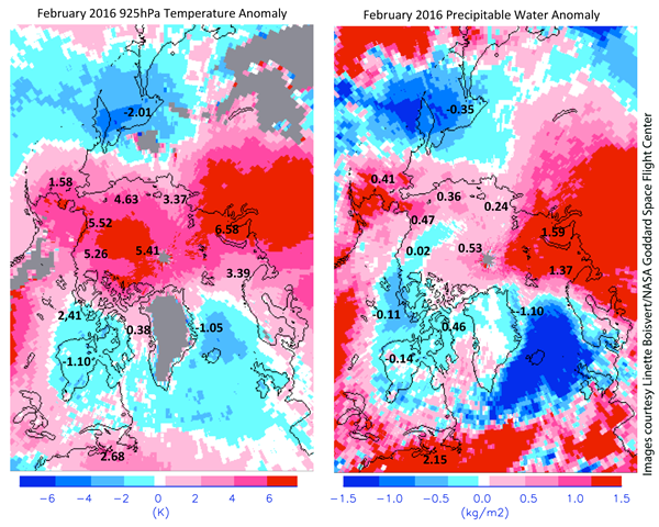 These two images show February 2016 departures from the 2003 to 2015 average for 925 hPa air temperature (left) and precipitable water (right) as derived from the NASA AIRS instrument. Graphic: Linette Boisvert / NASA Goddard Space Flight Center