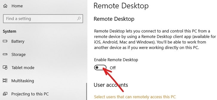Attiva l'interruttore Abilita desktop remoto