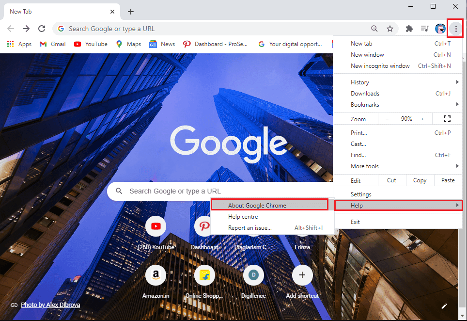 Otwórz przeglądarkę Chrome i kliknij trzy pionowe kropki w prawym górnym rogu ekranu, a następnie przejdź do Pomocy i wybierz Informacje o Google Chrome.