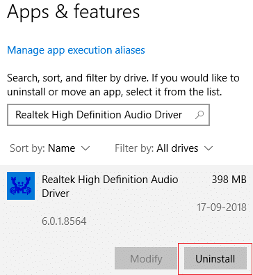 Klikněte na Odinstalovat v části Realtek High Definition Audio Driver