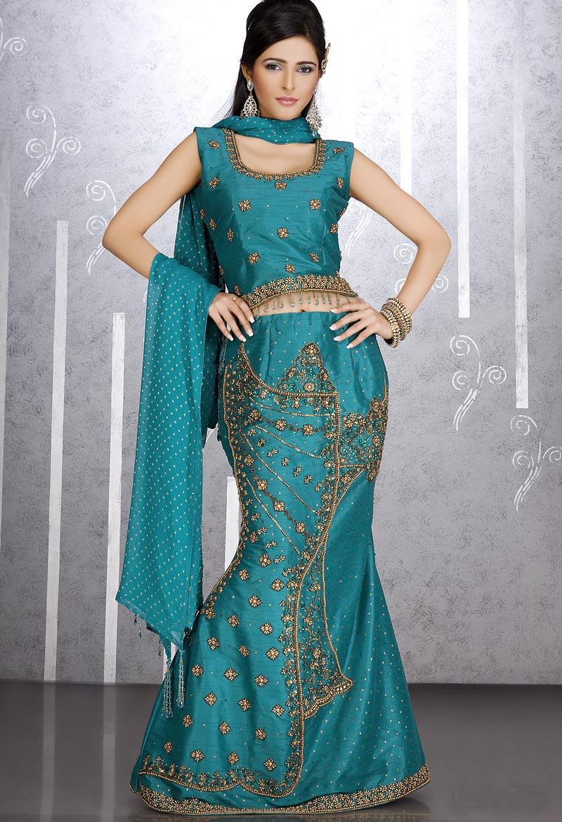 Teal Blue Raw Silk Wedding Lehnga SSRSLK0320