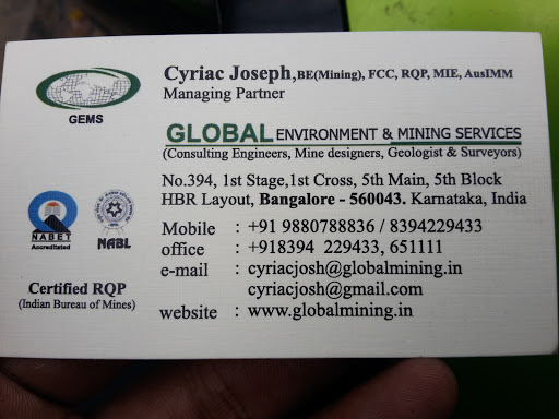 Global Environment & Mining Services, 5th Main Road, 5th Block, 1st Stage, HBR Layout, Bengaluru, Karnataka 560043, India, Mining_Company, state KA