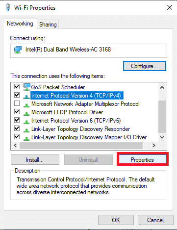 Haga clic en Protocolo de Internet versión 4 y haga clic en Propiedades.  Arreglar Su conexión se interrumpió en Microsoft Edge