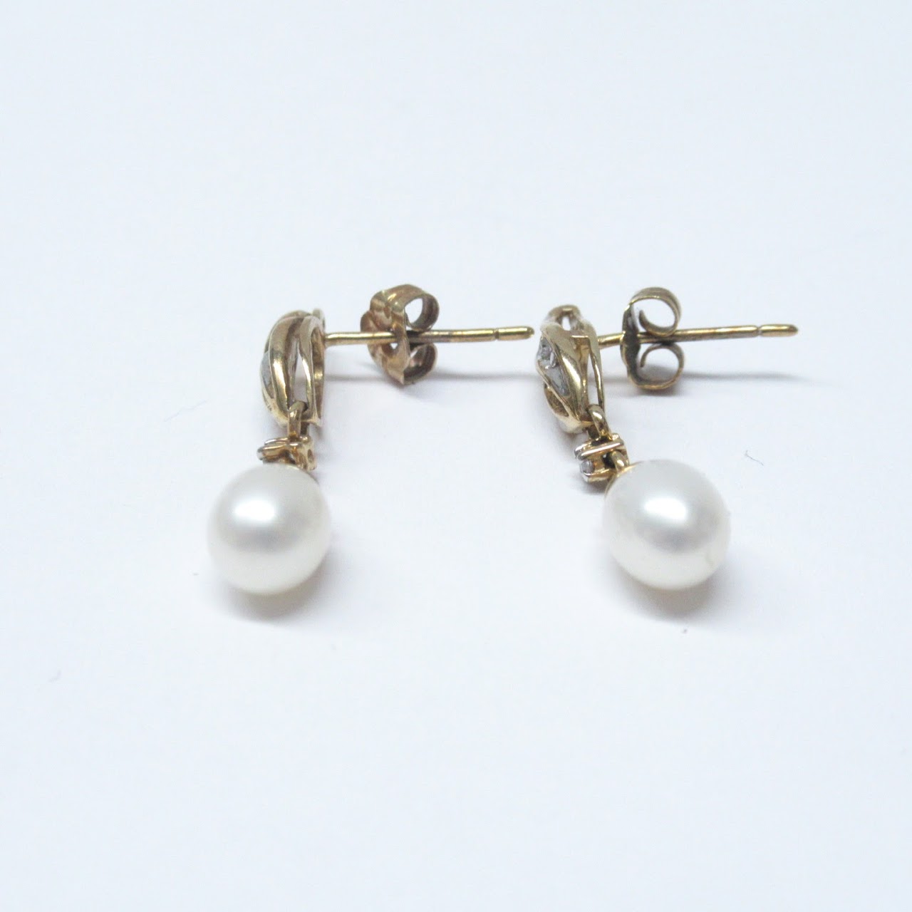 10K Gold Pearl & Clear Accent Drop Earrings