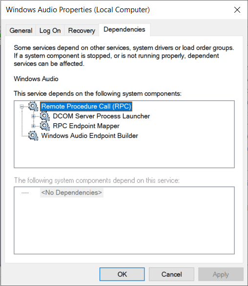 Windows 오디오 속성에서 종속성 탭으로 전환 |  Windows 10에서 응답하지 않는 오디오 서비스 수정