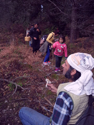 The teacher is waiting for the students with a mushroom in his hand