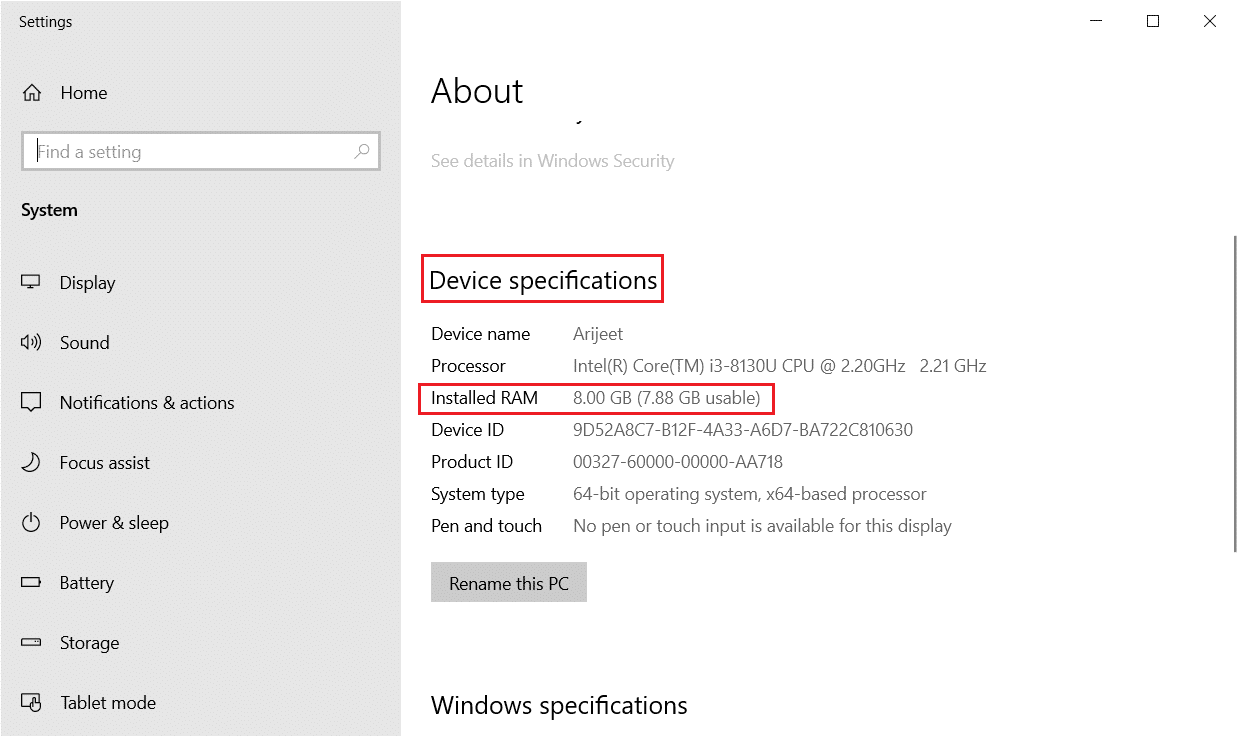 Vea el tamaño de RAM instalado en la sección Especificaciones del dispositivo en el menú Acerca de mi PC.  Cómo arreglar el alto uso de disco de WSAPPX en Windows 10