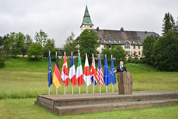 Germany's Chancellor Olaf Scholz speaks to the media on the third day of the three-day G7 summit at Schloss Elmau on June 28, 2022 near Garmisch-Partenkirchen, Germany.