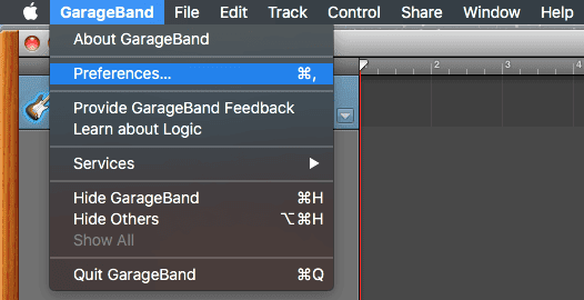 เลือกการตั้งค่าภายใต้เมนู GarageBand