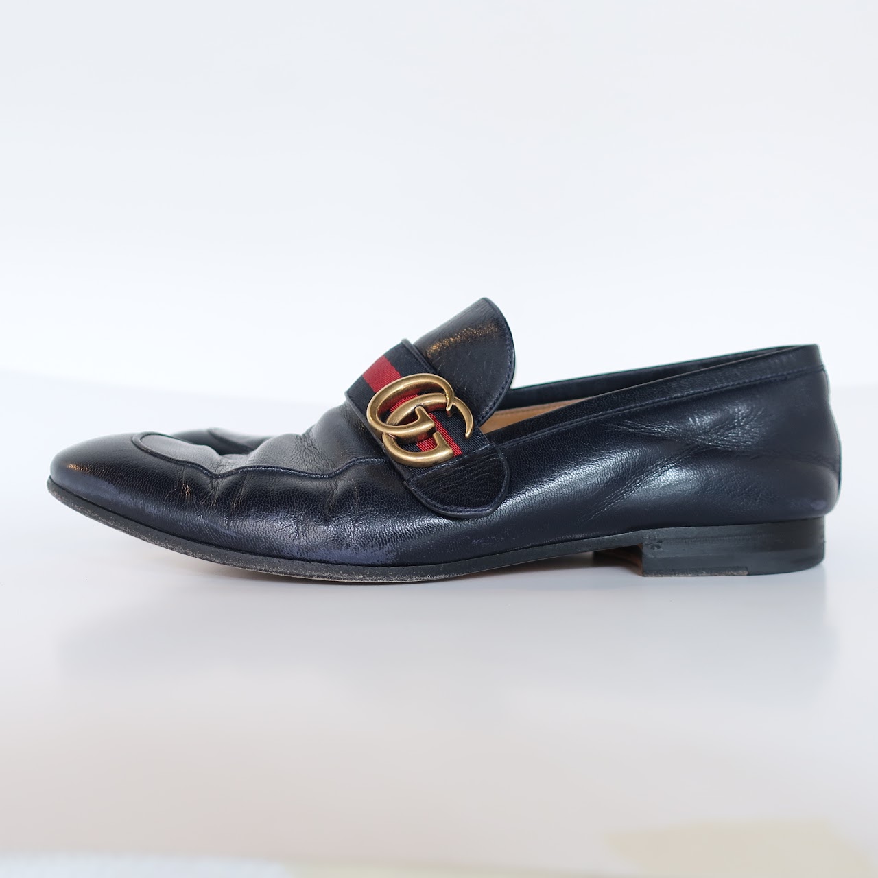 Gucci Navy Blue Leather Logo Loafers