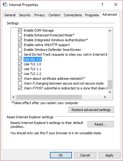 Zaškrtněte SSL ve vlastnostech Internetu