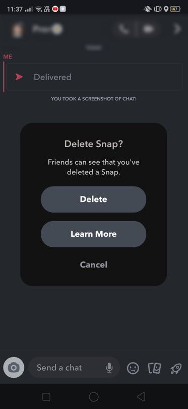 Apparirà un pop-up per confermare se desideri eliminare lo snap, tocca Elimina.