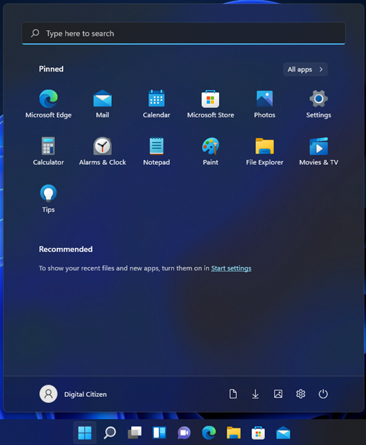 Het startmenu bevat geen aanbevolen items