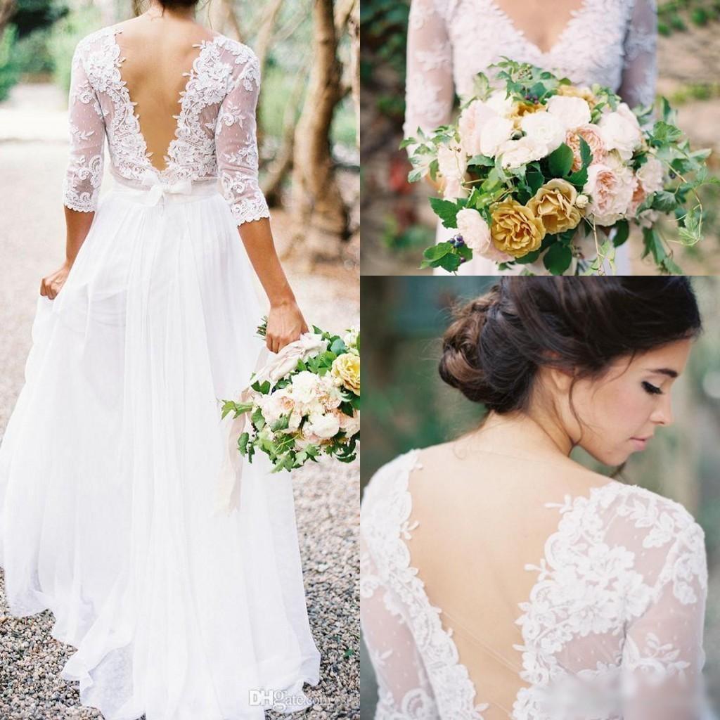 2017 Country Style A-Line Wedding Dresses with V-neck 3/4 Sleeves Low V  Back Be - Bohemian Style Wedding Dresses 2017