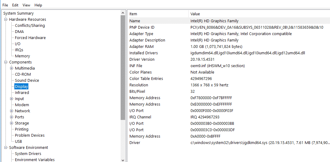 V souhrnu systému najdete Display pod Components |  Zkontrolujte specifikaci vašeho PC