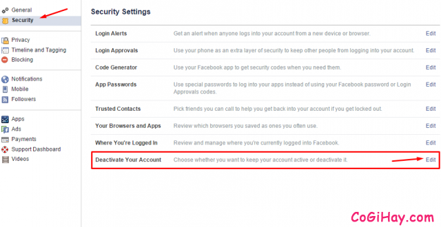 Nhấn vào Edit tại Deactivate your account