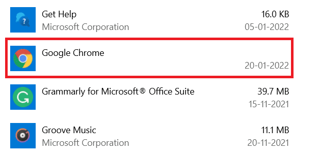 Desplácese hacia abajo y seleccione Google Chrome |  RESULT_CODE_HUNG