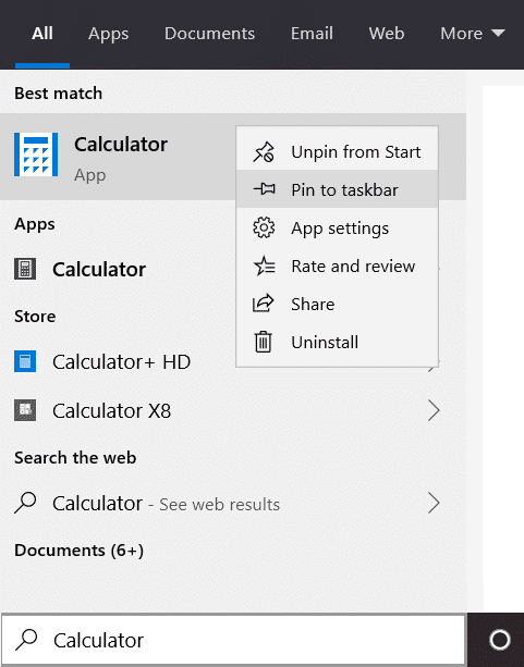 Recherchez l'application Calculatrice dans la barre de recherche Windows, puis cliquez dessus avec le bouton droit de la souris et sélectionnez Épingler à la barre des tâches.