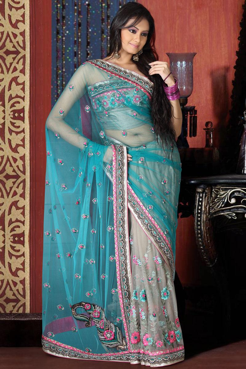 Bondi Blue and Gray Wedding and Festival Net Saree   695.00