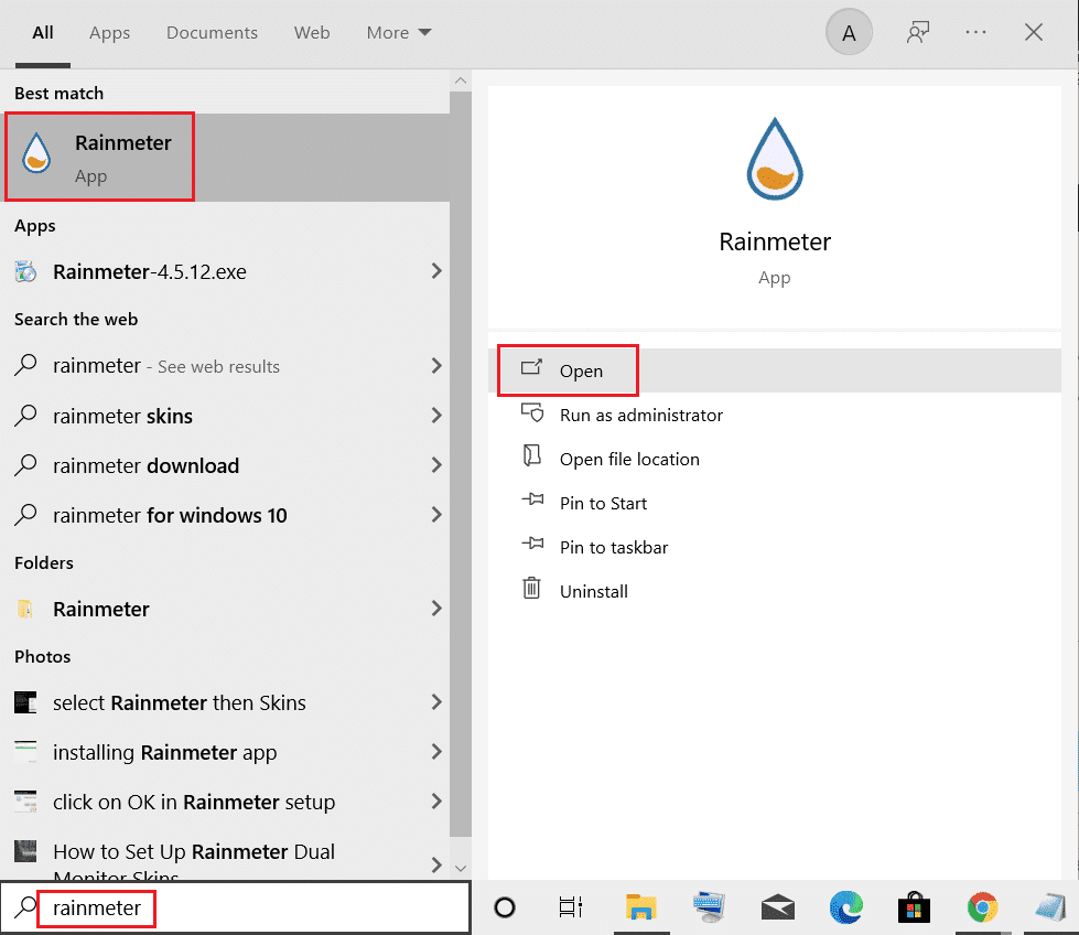 otevřete Rainmeter z vyhledávacího panelu Windows