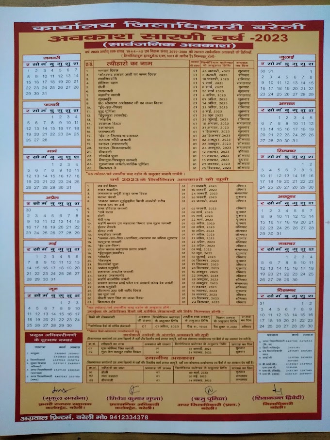 जिलाधिकारी कार्यालय ने जारी की अवकाश सारणी वर्ष 2023 जारी