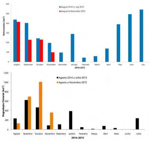 Deforestation (above) forest degradation (below) in the Brazilian Amazon, from August 2014 to November 2015. Graphic: Imazon / SAD