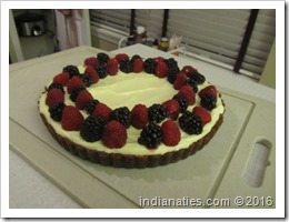 Cream cheese tart with raspberries and blackberries for Nancy's Birthday, March 19, 2016.