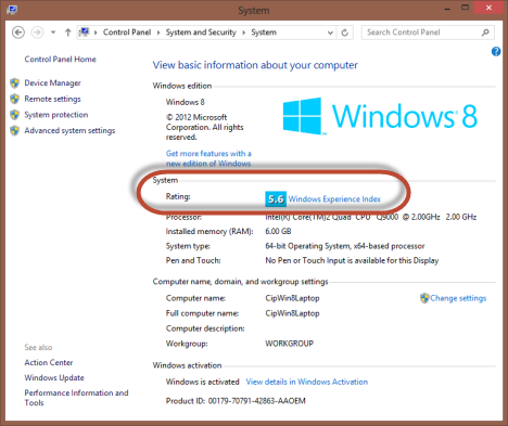 Windows Experience Index, คะแนน, คะแนน, Windows 8, Windows 7